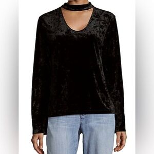 Sanctuary Black Crushed Velvet Choker Front Slight‎ Bell Long Sleeve Top Sz Med